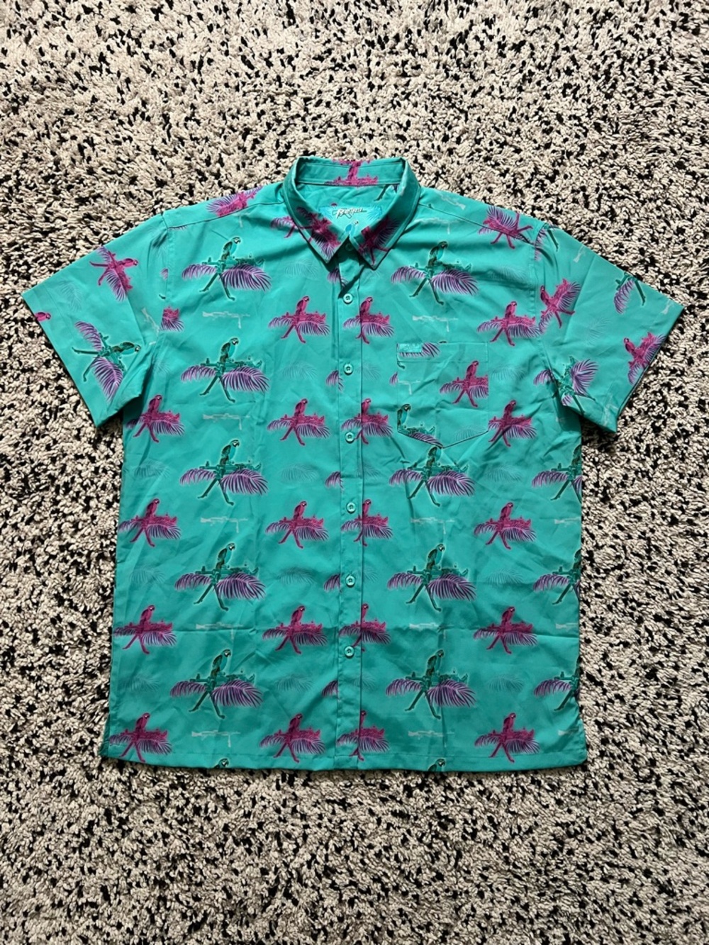 Retro Rifle Saws and Macaws Turquoise Pink Button Down Shirt Short Sleeve XXL